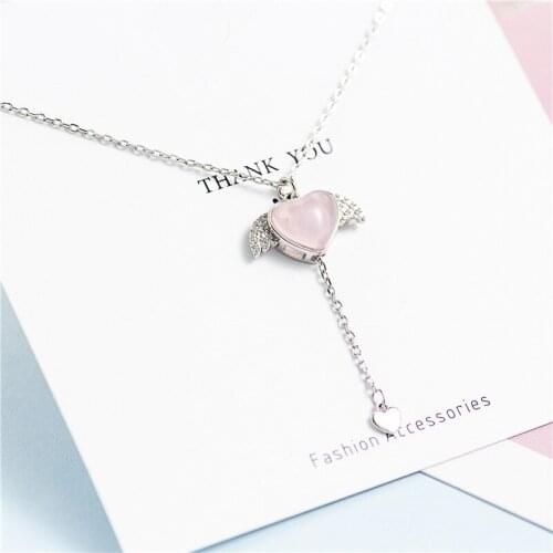 Heart wing pink crystal tassel necklace woman S925 Sterling silver nacklace Jewelry Clavicle chain pendant charms gift for women