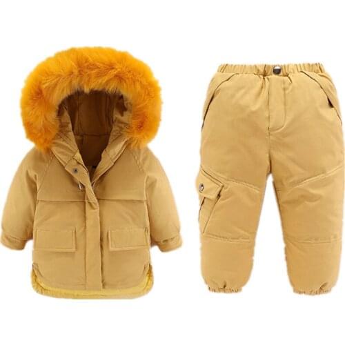 Winter Warm Thick Kids Clothing Sets Baby Overcoat Sets Girls Snowsuit Fur Collar Hooded Jacket Coat + Pant Baby Girls Down Set