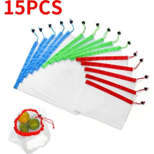 15Pcs Reusable Produce Bags Washable Mesh Bag Eco Friendly Fruit Vegetable Bag Kitchen Organizer