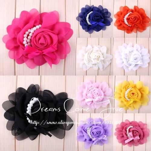 200pcs/lot 10Colors Chic Lovely Soft Hair Accessories Artificial Chiffon Fabric Flower With Pearl Beaded For Baby Girls Headband