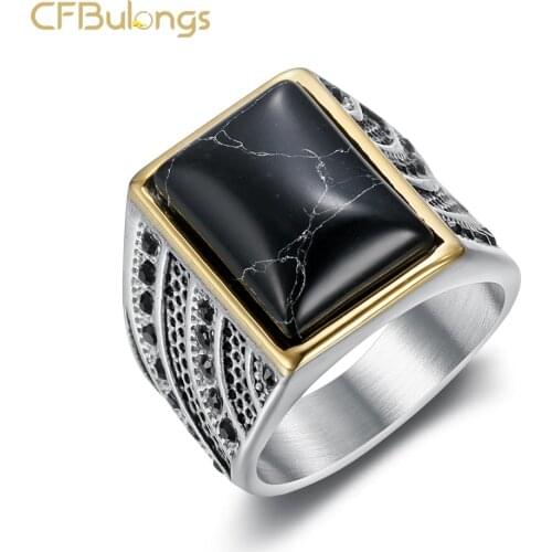 CFBulongs Retro Element Black Stone Inlaid White Gold Rim Mens Ring Punk Jewelry Hip Hop Rock Band Exquisite Gift