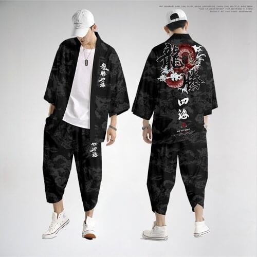 Personality Hip Hop Two-piece Suit Japanese Cardigan Kimono Men Women Yukata Clothing Kimono + Pants Sets Plus Size men kimono