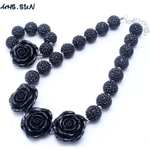 MHS.SUN 2SETS Black Color Kid Chunky Necklace Jewelry Set Big Flower Bubblegum Beads Chunky Necklace/Bracelet For Girl Children