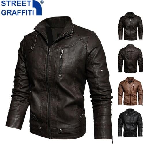2021 Men’s Motorcycle Jacket Autumn Winter Men New Faux PU Leather Jackets Casual Embroidery Biker Coat Zipper Fleece Jacket