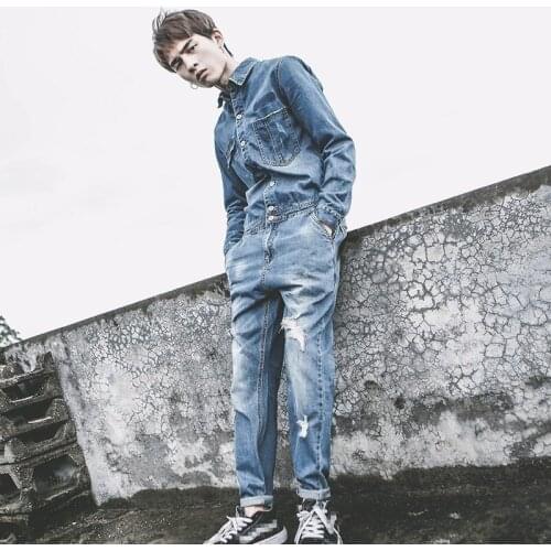 Mens Long Sleeve One Piece Cargo Overalls Hole Ripped Jeans Pencil Pants Fashion Hip Hop Cowboy Slim Safari Style Denim Jumpsuit
