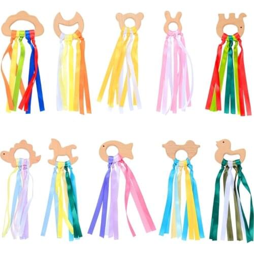 OOTDTY Creative Natural Wooden Ring Teether Rainbow Ribbon Sensory Toys Baby Teething Nursing Soother Newborn Shower Gift