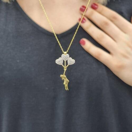 Girl With White Balloons 925 Sterling Silver, Gold, Rose Plated Zircon Necklace Women Handmade Jewelry Elegant Minimalist