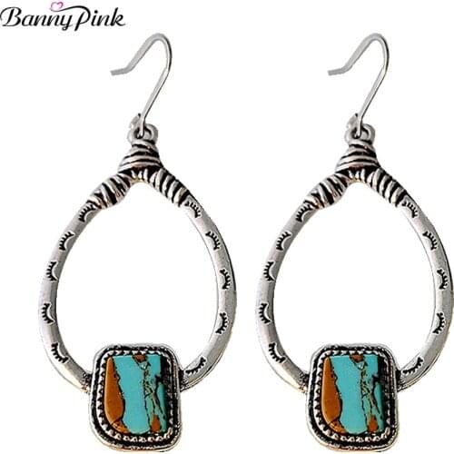 Banny Pink Bohemia Turquoises Drop Earrings For Women Vintage Metal Carved Waterdrop Dangle Earrings Ethnic Pendant Earrings
