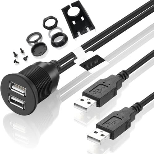 Dual USB 2.0 Male to USB 2.0 Female Extension Cable With Flush Mount Panel For Car Truck Boat Motorcycle