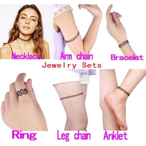 1set Magic Vintage Tattoo Choker Necklace Bracelet Ring Arm chain Leg chain Anklet Set Elastic Jewelry Hippy Chick Colares