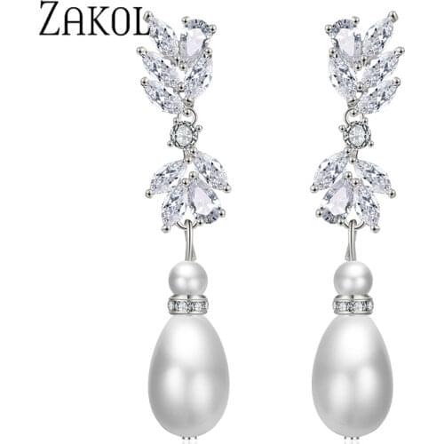 ZAKOL Fashion White Color Flower Shape Zirconia Pearl Water Drop Crystal Dangle Earrings For Bridal Wedding Jewelry FSEP2340