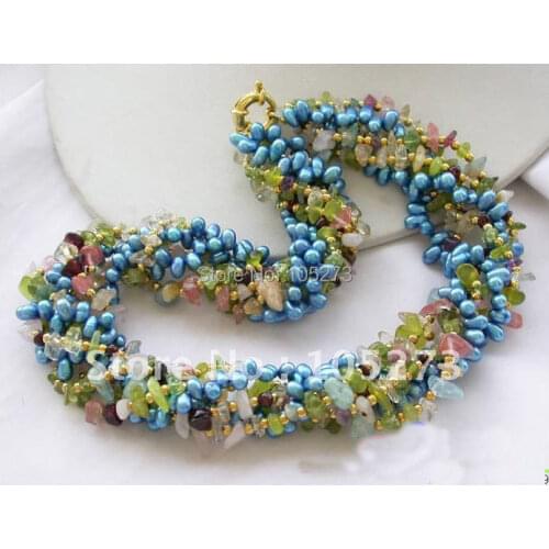 6Row 18inchs Olivine Crystal Detritus Blue Pearl Necklace AA 4-8MM Beautiful Multicolor Pearl Jewelry New Free Shipping FN1638
