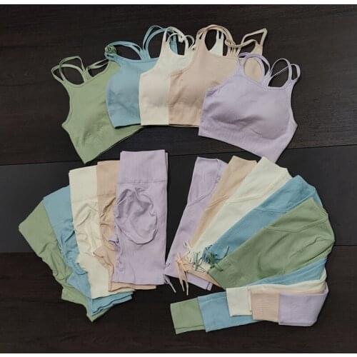 2/4PCS Women Seamless Yoga Sets Bubble Butt Gym Leggings Sexy Summer Shorts Long Sleeve Tops Candy Color Workout Running Suits