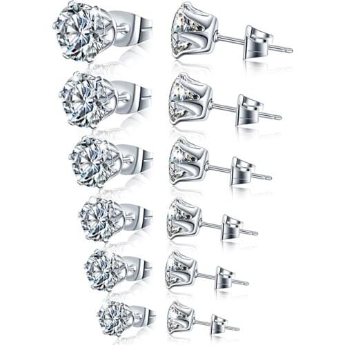 Cubic Zirconia Stud Earrings Set for Women Women Jewelry Stainless Steel Crystal Earrings Stud Round(3mm-8mm 6pairs)