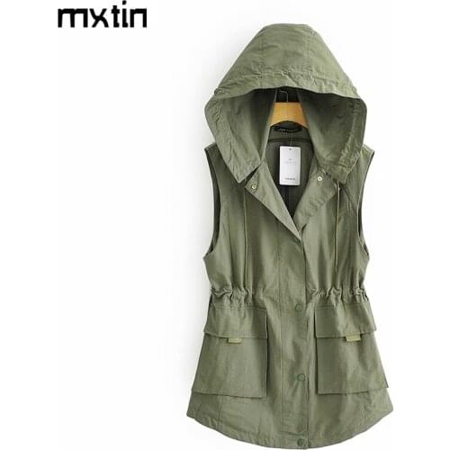 MXTIN 2021 Women Autumn Vintage Solid Single Breasted Hooded Waistcoat Fashion Sleeveless Pockets Female Vest Outerwear Chic Top