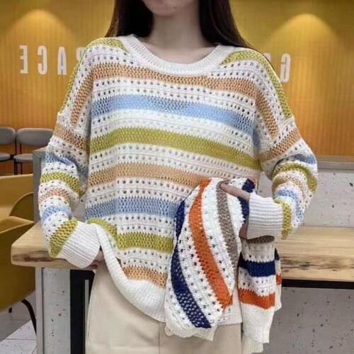 Summer Striped Crochet Loose Pullover Tops Casual Long Sleeve O-neck Summer Pull Jumpers Female Striped Tops