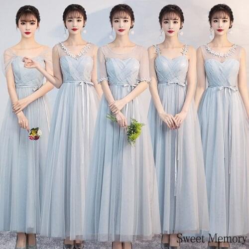 2021 Long Dress Sweet Memory Blue Gray Long Summer Bridesmaid Dresses Boat Neck Prom Guest Wedding Party Dress