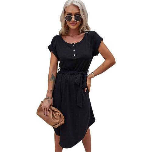 Summer Solid Loose Dress 2021 Women Beach Mini Sundress Short Sleeve O-Neck A-line Sexy Party Dress with Sashes Vestidos