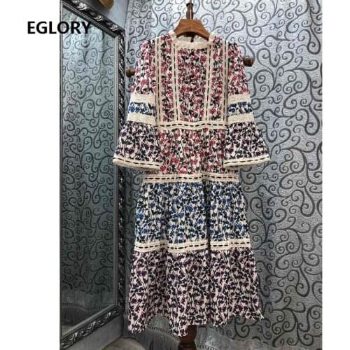 Top Quality New 2020 Autumn Dress Women Vintage Floral Print Appliques Lace Patchwork Flare Sleeve Mid-Calf Length Cotton Dress