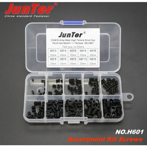 200pcs M3 M4 M5 M6 M8 Alloy Steel Grade10.9 High Tensile Socket Cup Point Grub Screws DIN916 Assortment Kit NO.H601