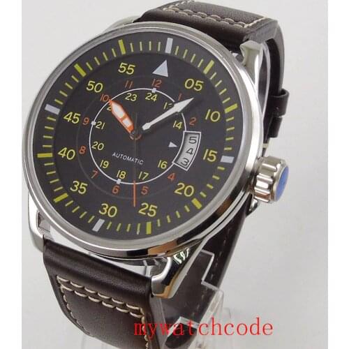 44mm Planca Black Dial 24 Hours Yellow Marks Date Window Automatic Movement Mens Watch