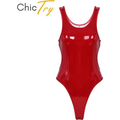ChicTry Adult Shiny Metallic PU Leather Backless High Cut Leotard Nightclub Festival Rave Pole Dance Costume Women Sexy Bodysuit