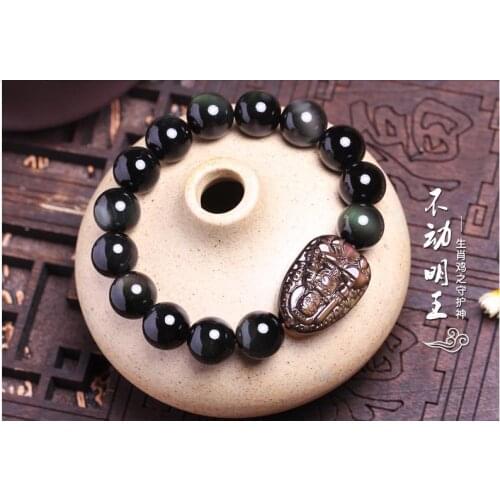 Light hand on natural Obsidian Bracelet Fudo patron Zodiac chicken natal Buddha on hand