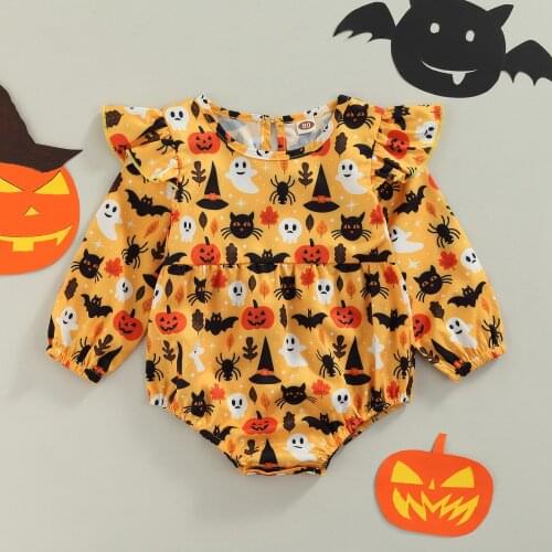 FOCUSNORM Baby Girls Boys Halloween Rompers Ruffled Long-Sleeves Pumpkin Printed Jumpsuit Outfits 0-18M