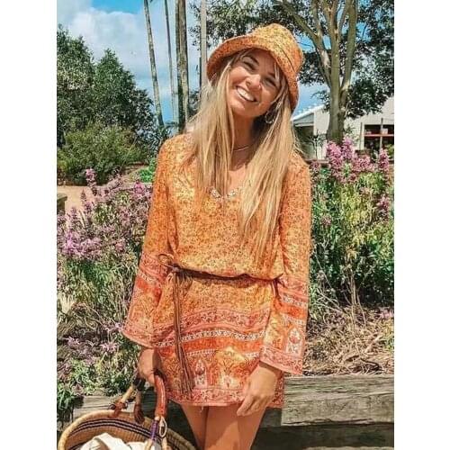 Jastie Vintage Floral Print Mini Dress 2020 Summer Sexy V Nack Flare Sleeve Short Vestidos Boho Beach Loose Casual Woman Dress