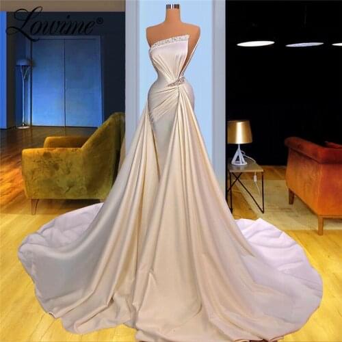 Lowime Long Prom Dresses Mermaid Pearls Crystals Satin Evening Gowns 2021 Plus Size Dubai Arabic Party Dress Vestidos De Fiesta