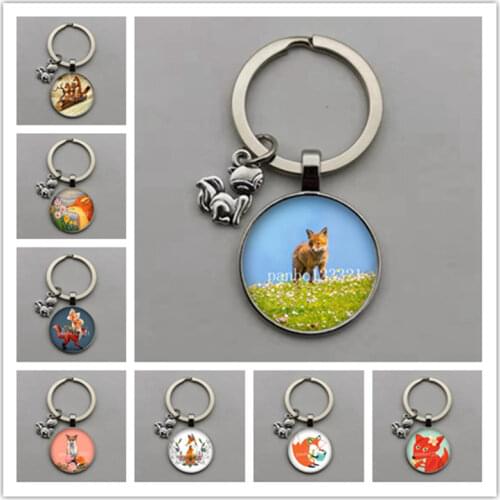 Cute Fox Picture Glass Cabochon Keychain Animal Pendant Metal Keyring Christmas Gifts Blessings for Children
