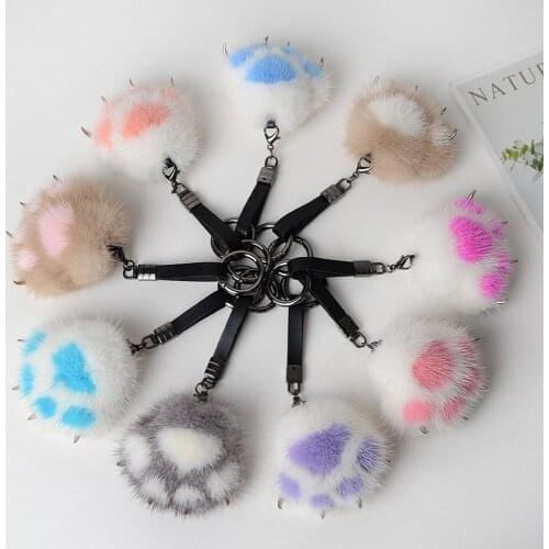 Cute fluffy hair soft plush Pawprint design keychain key ring car bag pendant Car Interior Accessories New Hot Boutique