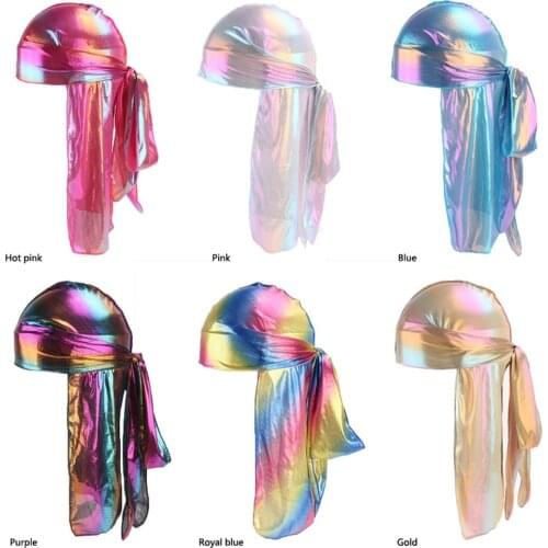 Fashion Silky Durags Bandanas Women Men Shiny Satin Durag Turban Hat Headwrap Colored Headband Muslim Headscarf Hair Accessories