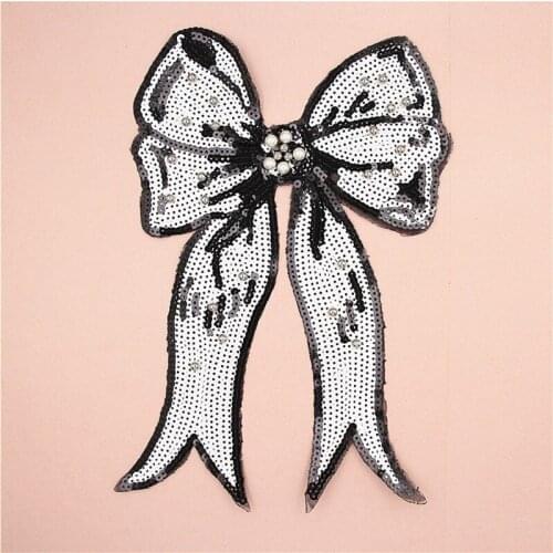Large Bow Bowknot Sequin Beaded Embroidery Patch for Clothing Sew on Clothes T-shirt Appliques Badge Stripe Sticker Accessories