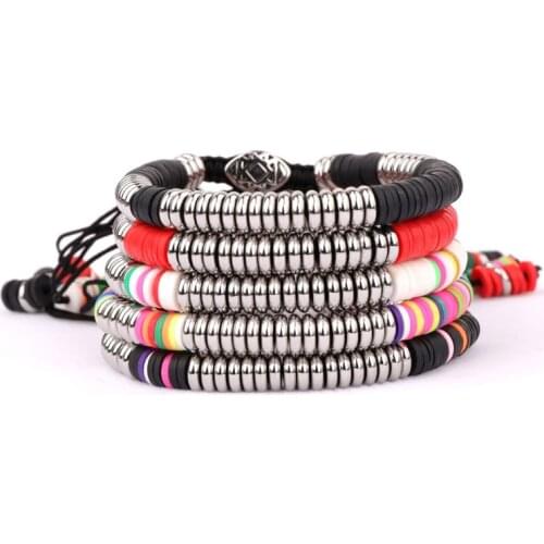New Fashion Bohemia Soft Polymer Clay Beads Stainless Steel Spacers Macrame Bracelet For Women Men