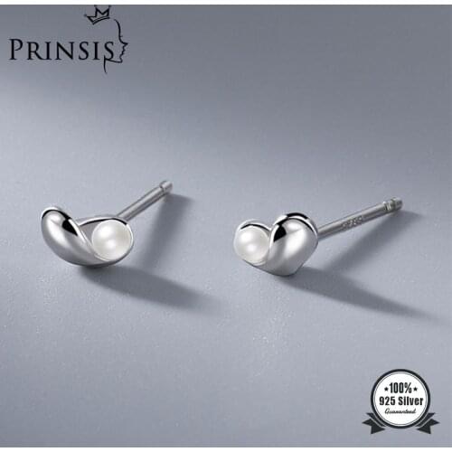 PrinSis Real 925 Sterling Silver Freshwater Pearl Romantic Heart Stud Earrings For WomenWedding Party Earrings Jewelry DD1079