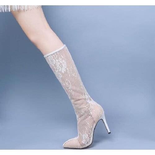 Romantic Floral Lace Knee High Boots Pointed Toe Summer Ladies Thin High Heels Zipper Flower Lace Long Wedding Botas