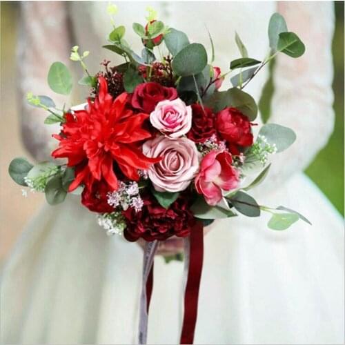 Vintage Dark Red Brides Flowers Wedding Bouquets Bride Holding Artificial Silk Rose Bridal Brooch Bouquet Ramos De Flores Para