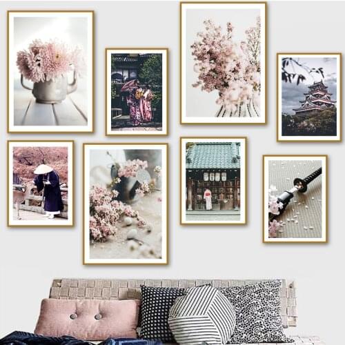 Japanese Katana Girl Tokyo Sakura Dahlia Wall Art Canvas Painting Nordic Posters And Prints Wall Pictures For Living Room Decor
