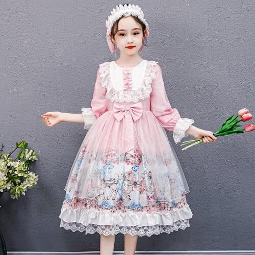 Japanese Sweet Kawaii Lolita Dress Girls Vintage Victorian Gothic Animal Long Sleeve Bow Lace Princess Tea Party Big Size Dress