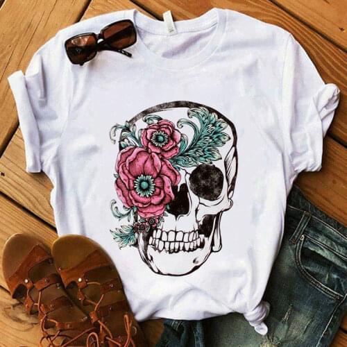 Women Fashion T-shirt Skull Print Cotton Vouge O-Neck Short SleeveT Shirt Summer Simple Top Casual Leopard Flower