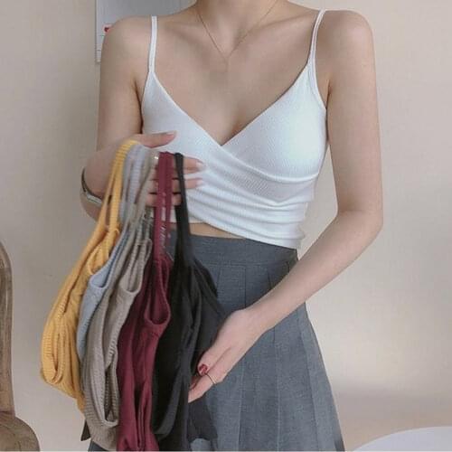 Womens Sexy Small Camisole All-match Slim-fit Short Solid Color V-shaped Cross Design Soft Knitted Breathable Absorb Sweat Vest