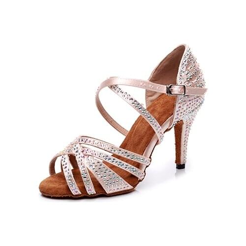 Women Summer Shoes for Dancing Latino Heeled Shoes Woman Rhinestone Sexy High Heels Sandal for Wedding Party Rubber Girls' Shoes