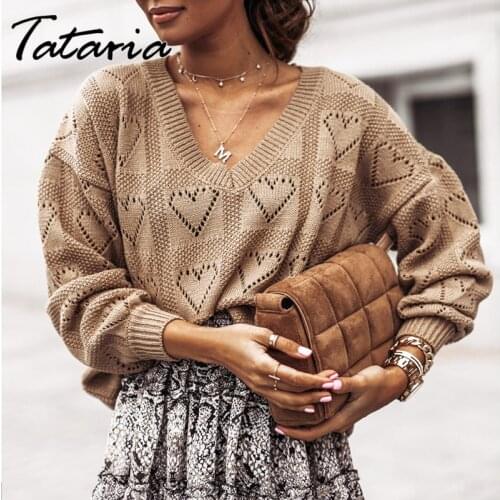 Hollow Out Pullovers Women Sweater 2021 Autumn Basic Knit Top Woman V Neck Knitted Sweaters Pull Vintage Femme Sweet Pink Tops