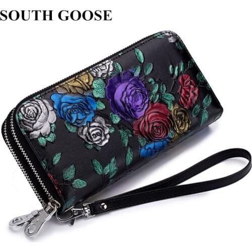 SOUTH GOOSE Women Leather Wallet Double Zipper Long Wallet Female Card Holder Large Capacity Lady Clutch Wallets Wristband Purse