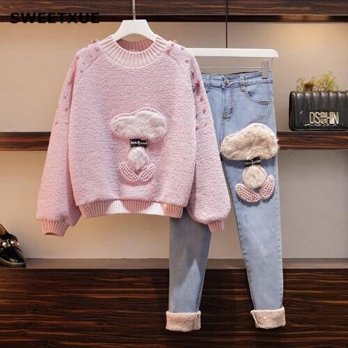 SWEETXUE Korean Women 2 Pieces Set Winter Fashion Embroidery Cartoon Sweater Jeans Casual Beaded Lamb Hair Suit Plus Size 4XL