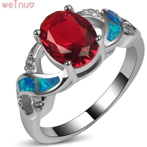 Weinuo Oval Red Crystal Blue Opal White Crystal Ring 925 Sterling Silver Top Quality Jewelry Wedding Ring Size 5 6 7 8 9 10 11