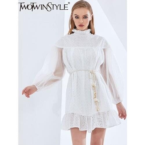 TWOTWINSTYLE Perspective Sleeve Summer Dress For Women Lantern Sleeve High Waist Belt Bowknot Dresses Female 2021 Womens Clothes