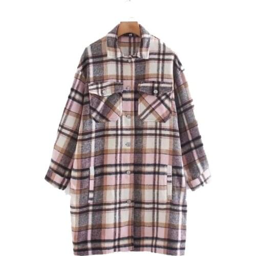 Womens Plaid Lapel Long Sleeve Warm Coat Fashion Street Loose Pocket Long Plaid Shirt Jacket