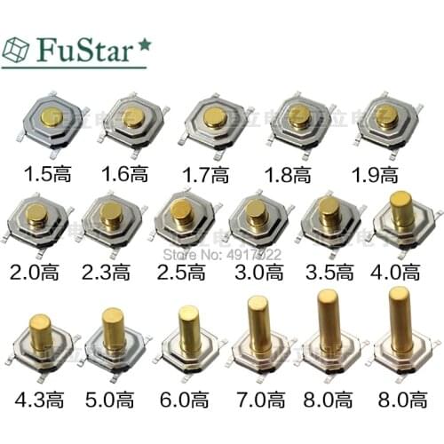 100pcs 4*4*1.5 mm 5.2*5.2 High 1.5-6.0 touch tact switch 4 PIN Metal SMD Tactile 12V Micro Push Button Switch copper feet 4*4*2